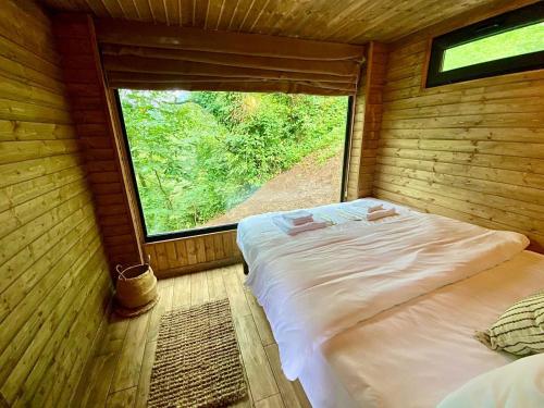 a bedroom with a large bed in a room with a window at Woodpecker Georgia in Batumi