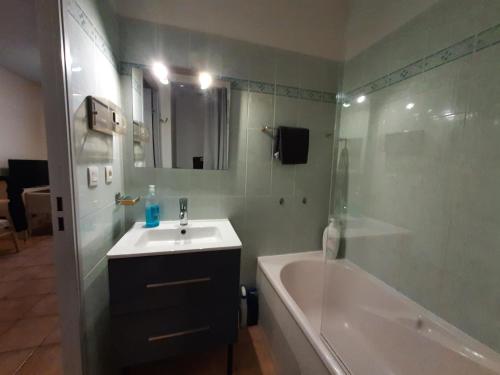 La salle de bains est pourvue d'un lavabo, d'une douche et d'une baignoire. dans l'établissement Studio, à Mouans-Sartoux