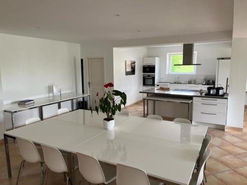 a white kitchen with a white table and chairs at Les Cerisiers Binel à Ronsac in Aigrefeuille