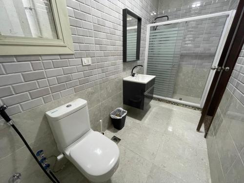 a bathroom with a white toilet and a sink at Elegant Garden-view 1BR in New Cairo in Cairo