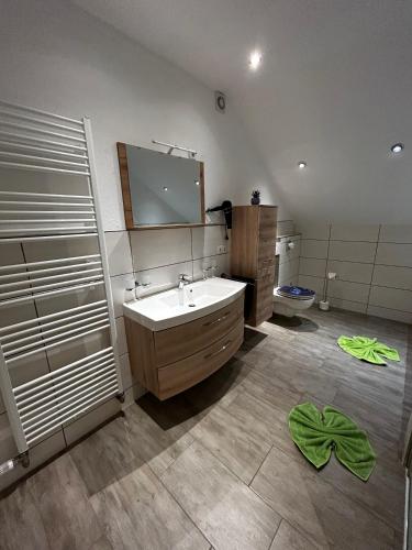 a bathroom with a sink and a mirror and a toilet at Ferienwohnung Rief in Tannheim