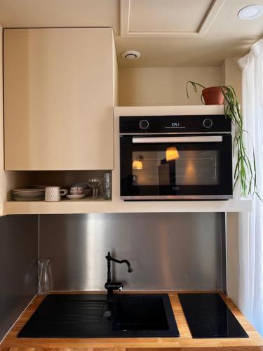 una cucina con forno a microonde nero e lavandino di Studio terracotta a La Ciotat