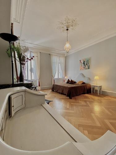 une grande chambre avec un lit et un salon dans l'établissement ANNA CLAIRE festival plages GAZ5213, à Cannes