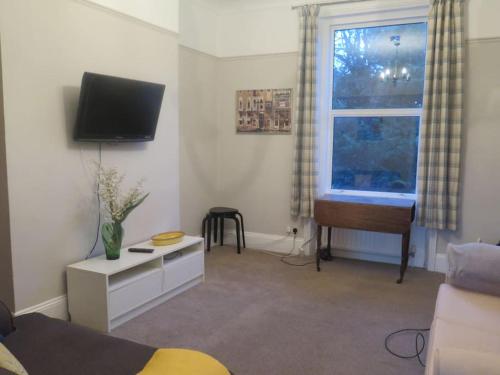 a living room with a couch and a television and a window at Kent Gardens Apartment in Perivale
