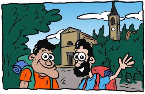 Un cartone animato di due uomini davanti a una chiesa. di Albergo Musolesi a Madonna di Fornelli