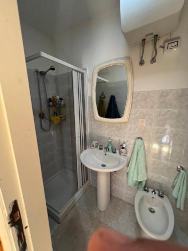 a bathroom with a sink and a shower and a toilet at Alloggio Turistico Casa di Luca e Vale in Campotosto