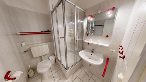 La salle de bains est pourvue d'une douche, de toilettes et d'un lavabo. dans l'établissement NeuKlosterhof App. 16, à Pelzerhaken