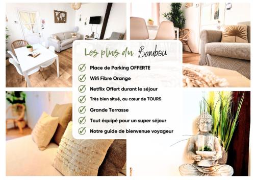 a collage of photos of a living room with a flyer at "Bambou Zen" - 5 couchages - Vieux Tours in Tours
