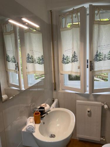 een badkamer met een witte wastafel en 2 ramen bij Suite Neve in Madesimo