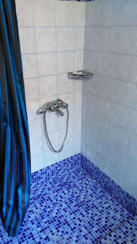 a bathroom with a shower with blue tiles on the floor at Hidden Treasure Unique Apartments Kokkari Samos in Samos
