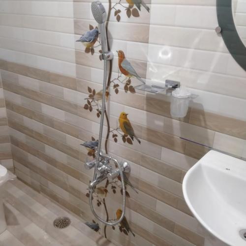 a bathroom with birds on the shower curtain at HAVEN COTTAGE in Ooty
