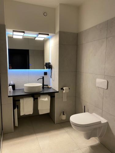 La salle de bains est pourvue d'un lavabo, de toilettes et d'un miroir. dans l'établissement Bremberg Hotel, à Haasrode