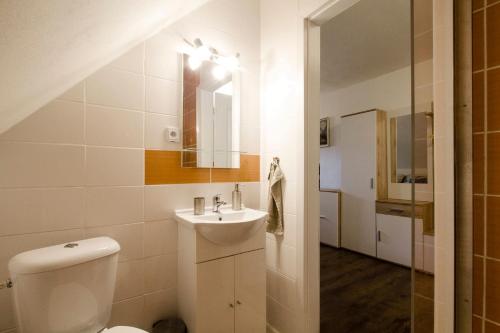 La salle de bains blanche est pourvue d'un lavabo et de toilettes. dans l'établissement Pod Kaštielom Ako Doma, à Svätý Anton