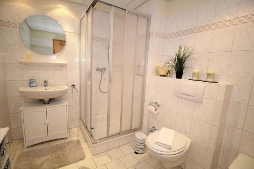 ザスニッツにあるVilla Seeblick - Apartment 309のバスルーム(シャワー、トイレ、シンク付)
