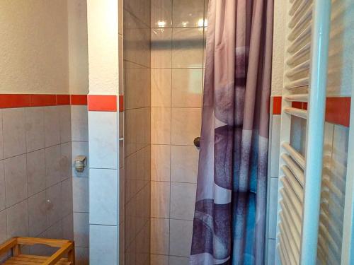 StahlbrodeにあるFerienbungalow Stahlbrodeのバスルーム(シャワー、シャワーカーテン付)が備わります。