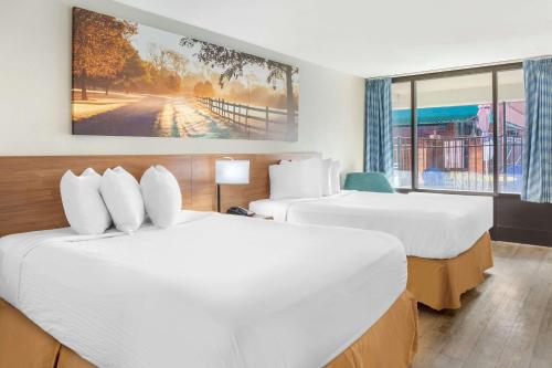 Days Inn & Suites by Wyndham Rocky Mount Golden East في روكي ماونت: غرفة فندقية بسريرين ونافذة
