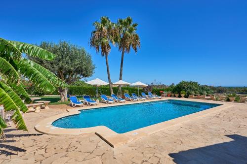 a pool with chairs and umbrellas and palm trees at Finca Tanca in Calonge