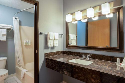 a bathroom with a sink and a mirror and a toilet at AmericInn by Wyndham Eau Claire in Eau Claire