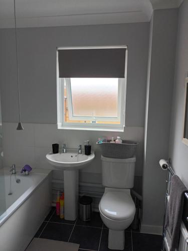 a bathroom with a toilet and a sink and a window at Swansea Marina apartment in Swansea