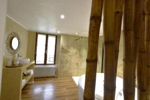 une salle de bain avec une baignoire et un lavabo dans une pièce dans l'établissement Appartement jacuzzi privatif Love&Zen, à Verneuil-sur-Avre