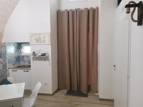 eine Küche mit einem Duschvorhang im Zimmer in der Unterkunft SaLò Apartments in Manfredonia
