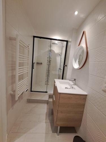 ein Bad mit einer Dusche, einem Waschbecken und einem Spiegel in der Unterkunft Le Bulotier in Granville