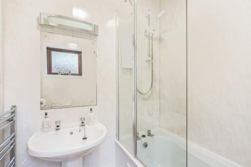 uma casa de banho branca com um lavatório e um chuveiro em Birch Lodge 16 em Newton Stewart