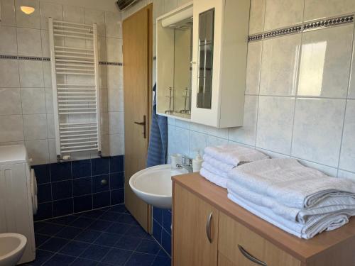Un baño con lavabo, inodoro y espejo. en Burle Apartment with FREE private parking, en Medulin