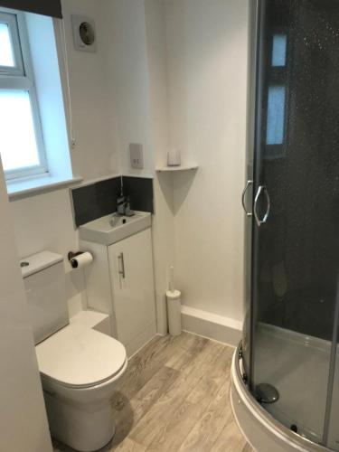 a small bathroom with a toilet and a shower at Hunny Hideaway, Hunstanton - dog friendly haven by the sea in Hunstanton