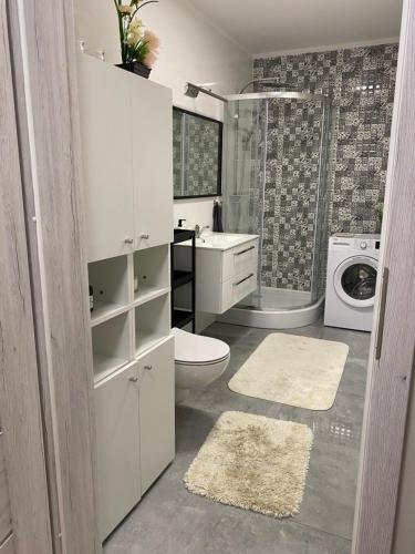 a bathroom with a toilet sink and a washing machine at Apartament Mielczarskiego Tanie spanie Elbląg in Elblag