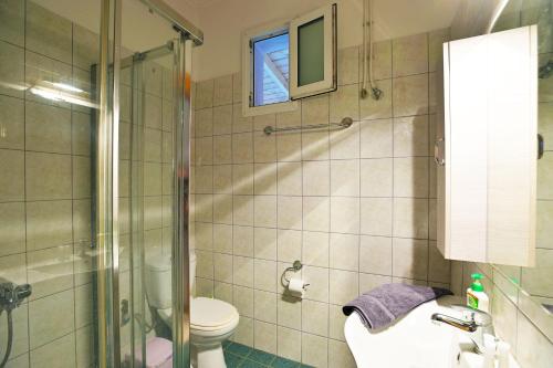 a bathroom with a shower and a toilet and a sink at Drossos Garden House in Nydri