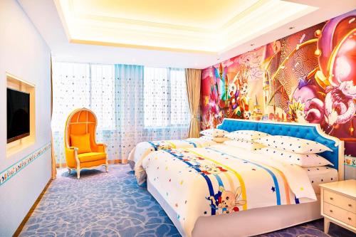 a hotel room with a bed and a wall mural at Sheraton Harbin Xiangfang Hotel in Harbin