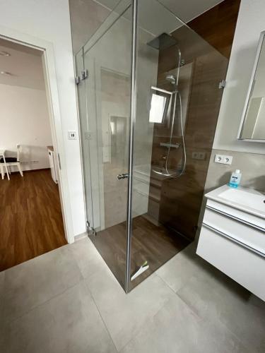 a shower with a glass door in a bathroom at Moderne Einliegerwohnung am Park in Weingarten