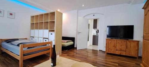 a bedroom with a bunk bed and a flat screen tv at Ferienwohnung Am Altstadtring in Amberg