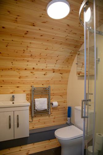 a bathroom with wooden walls and a toilet and a sink at Woodcock in Selby