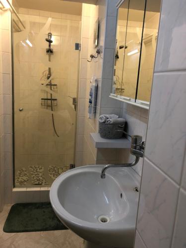 a bathroom with a sink and a shower at Apartmán Amália in Banská Bystrica