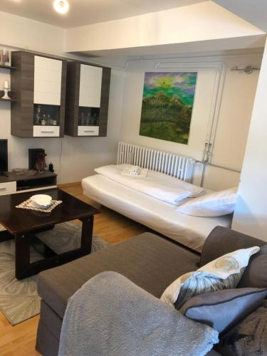 a living room with a large bed and a couch at Apartmán Amália in Banská Bystrica