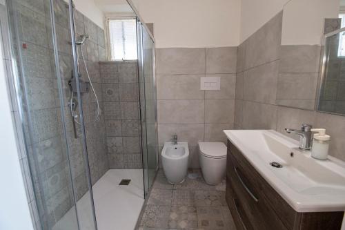 ein Bad mit einer Dusche, einem WC und einem Waschbecken in der Unterkunft La Casetta - Apartments Buccino in Buccino