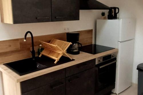 eine Küche mit einer Spüle und einem weißen Kühlschrank in der Unterkunft La Tranquillité in Laroche-Saint-Cydroine
