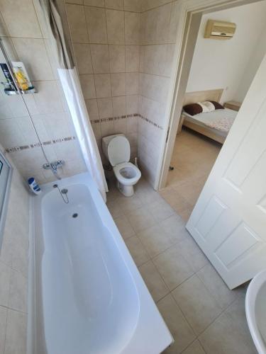 a bathroom with a toilet and a bath tub at Penthouse with rooftop terrace in Akanthou