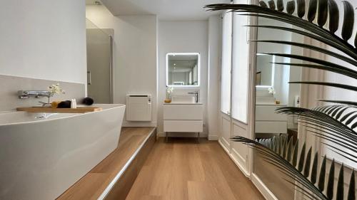 a bathroom with a sink and a mirror at Coeur de Lille- 2 Chambres Idéal famille in Lille