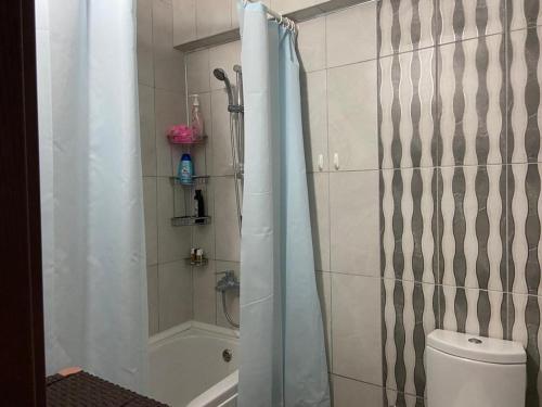 a bathroom with a shower with a toilet and a tub at Side home beach in Side