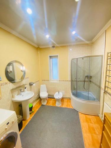 a bathroom with a shower and a toilet and a sink at Fetal Hut - Плідна Хата in Verkhovyna