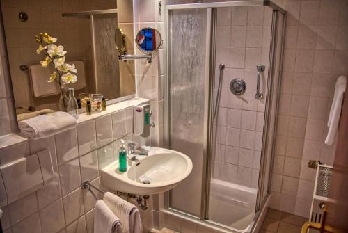a bathroom with a sink and a shower at Hotel National in Bad Düben