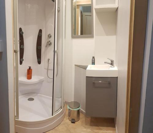une salle de bain avec une douche, des toilettes et un lavabo dans l'établissement Petit Paradis au calme en plein Marseille, à Marseille
