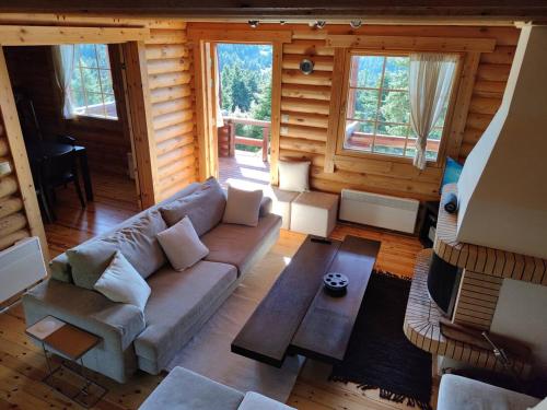 a living room with a couch and a table at Chalet Aroania in Kalavrita