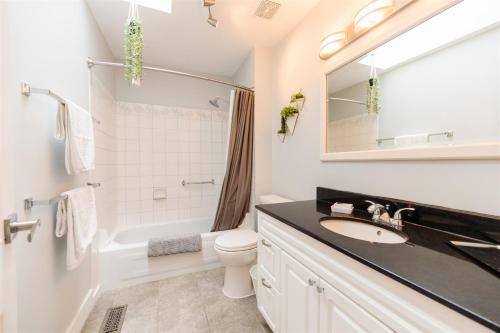 a bathroom with a sink and a toilet and a mirror at Blue Caribou Bungalow in Penticton