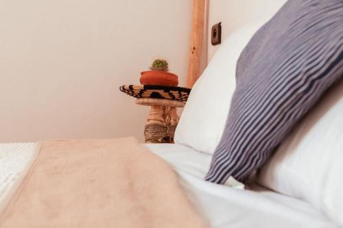 1 cama con almohada y una planta sobre una mesa en DesArt Appartment, en Tamraght Ouzdar