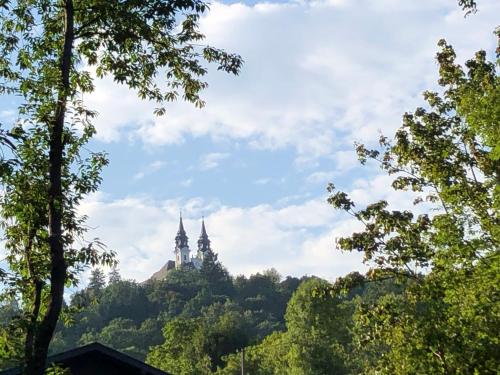 un castillo en la cima de una colina con árboles en Pöstlingbergoase, en Linz