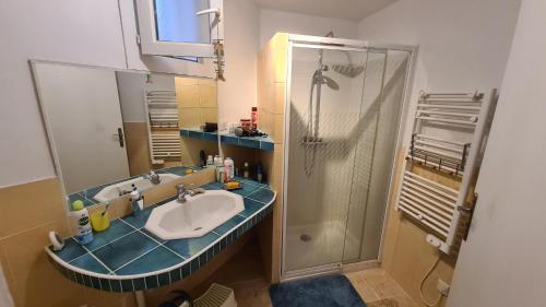 une salle de bain avec lavabo et douche dans l'établissement Maison d'architecte vue mer, à Carry-le-Rouet